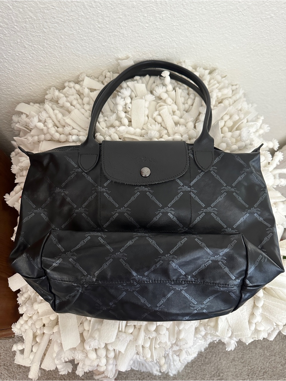 LONGCHAMP Le Pliage S Coated Canvas Horse Pattern Tote Bag Black Small - Picture 12 of 14
